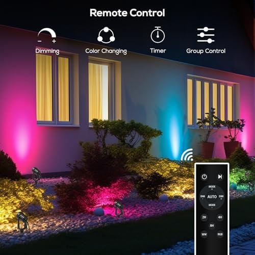 SUNTHIN Outdoor Landscape Lighting with Remote, RGBW Color Changing Spot Uplights, 6 Pack