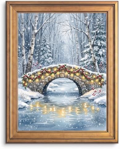 Framed Snowy Bridge Winter Art Print Gold Frame Inch 24x36