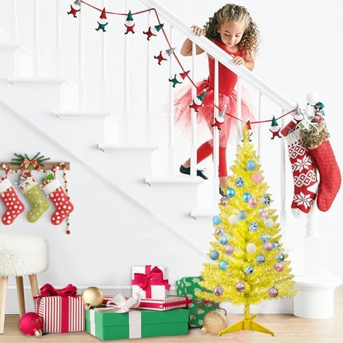 4ft Lighted Artificial Gold Christmas Tree, Not Pre-lit Gold Tinsel Pine Trees with Lights, Ideal for Ideal for Home, Office, and Xmas Party Décor - Includes Stand