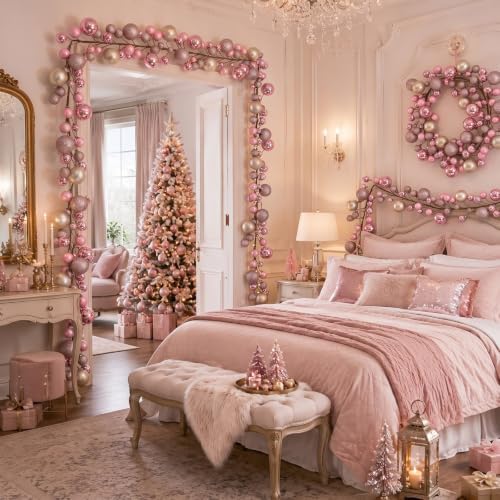 2 Pcs 6 ft Christmas Ball Ornament Garland, Pink, Champagne Gold