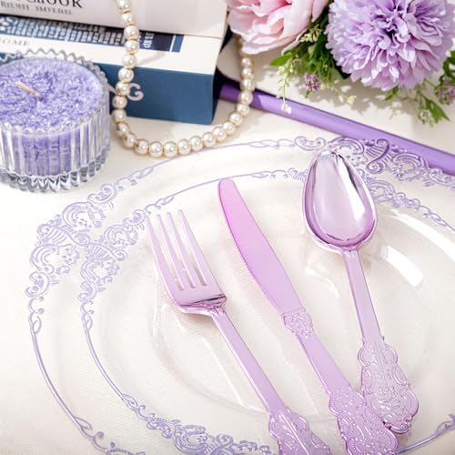 Hioasis 175 Pcs Clear Purple Plates for Party