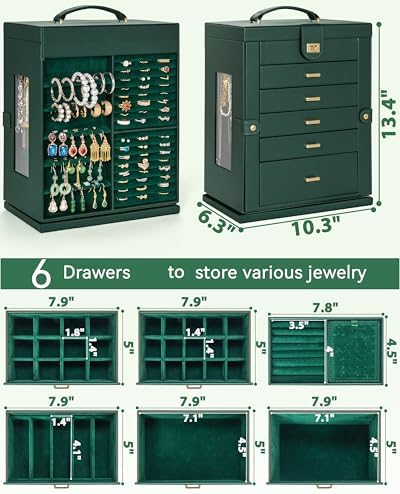 AKOZLIN 6-Tier Jewelry Box Organizer 5 Drawers Storage XXL Green