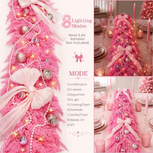 9FT Pink Christmas Garland with Lights Bow Decor Soft Preit Cedar Garland