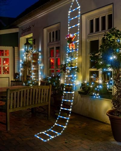 Toodour LED Christmas Lights - 10ft Christmas Decorative Ladder Lights with Santa Claus, Xmas Decorations Light for Indoor Outdoor, Window, Garden, Home, Wall, Xmas Tree Decor - White & Blue
