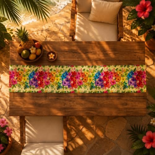 Luau Party Decorations - Tropical Hibiscus Plumeria Palm Leaf Table Runner