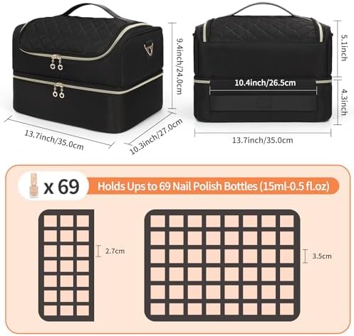 CUBETASTIC Nail Polish Organizer, Nail Tech Organizers and Storage Case Holds 69 Bottles Nail Polish & Nail Lamp, Travel Nail Supplies bag for Nail Tech Kit & Manicure Tools, Black