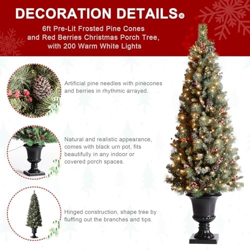 Glitzhome Artificial Christmas Tree, 6 FT Pre-Lit Frosted Pine Cones and Red Berries Christmas Porch Tree with 200 Warm White Lights for Indoor Porch of Home and Office