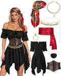 8 Pcs Pirate Costume Women Renaissance Dress Set, Medieval Pirate Outfit for Women with Corset Belt and Accessories