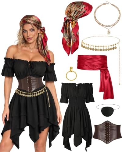 8 Pcs Pirate Costume Women Renaissance Dress Set, Medieval Pirate Outfit for Women with Corset Belt and Accessories
