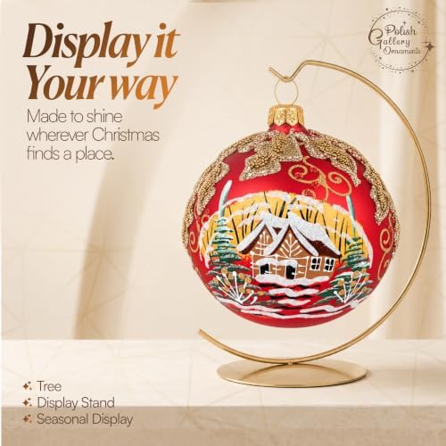 Polish Hand Blown Glass Christmas Ornaments Ball, Mistletoe Leaves Red 5 in