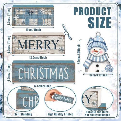 Lineshading 4 Pcs Christmas Table Decor, Blue Snowman Wooden Block Signs