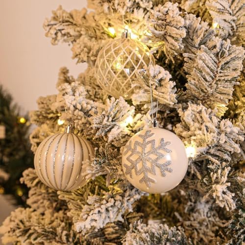 SHareconn 80mm Christmas Balls Ornaments,12PCS Colored Shatterproof Plastic Decorative Hanging Tree Decorations Baubles Set for Xmas Tree Decor Holiday Party Decoration with Lanyard,White&Silver