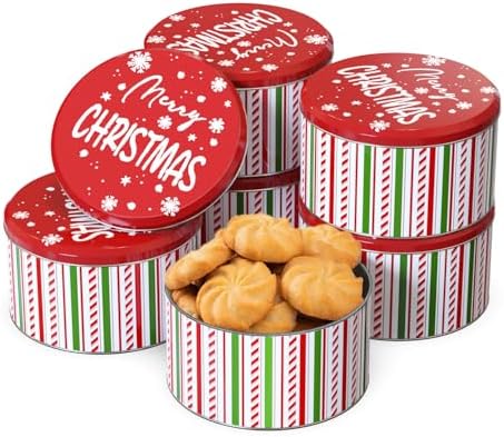 6Packs Merry Chiristmas Style Cookie Tins, Metal Empty Round Cookie Container, Cookie Tin with Lid for Christmas, Red 16.5 * 16.5 * 8.5Cm