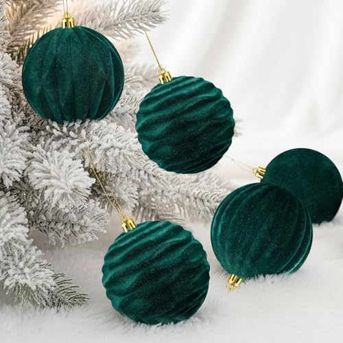 Liliful 4 Inch 12 Pcs Velvet Christmas Ornaments Balls, Dark Green