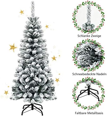 4.5FT Snow Flocked Pine Tree, Artificial Christmas Tree w/Sturdy Metal Stand & Quality PVC Needles, Pencil Xmas Tree for Indoor & Outdoor Holiday Decoration