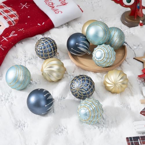 100Pcs Blue Gold Christmas Ornaments Set, Assorted Shatterproof Christmas Ball Ornaments, Christmas Tree Theme Hanging Decoration for Xmas Tree Holiday/Party/Home Decor (Blue & Gold)