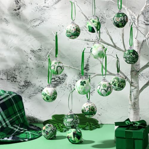 Outus 16 Pcs St. Patrick's Day Tree Ornaments Ball Vintage St. Patrick's Day Decorations for Tree Vintage Style Shamrock Luck Irish Hanging Ornaments Farmhouse Home Decoration Holiday Party Favors