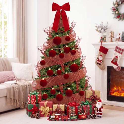 56 Pcs Christmas Tree Decorations Bow Topper Ornaments Flocking Balls Red Berry Picks Webbing Beaded Necklace Christmas Tree Hanging Ornaments for Xmas Home Office Decorations