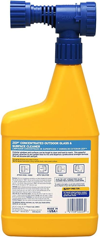 Zep Hose End Outdoor Glass and Surface Cleaner - 32 oz (Case of 6) - U49910 - Easy-To-Use, Attach and Spray for A Streak-Free Shine