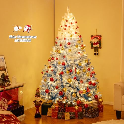 HAPPYGRILL 7 FT Pre-lit Flocked Christmas Tree Blue Hinged Xmas Tree with 1264 Branch Tips, 350 Warm White LED Lights & Folding Metal Stand, for Home Office Carnival