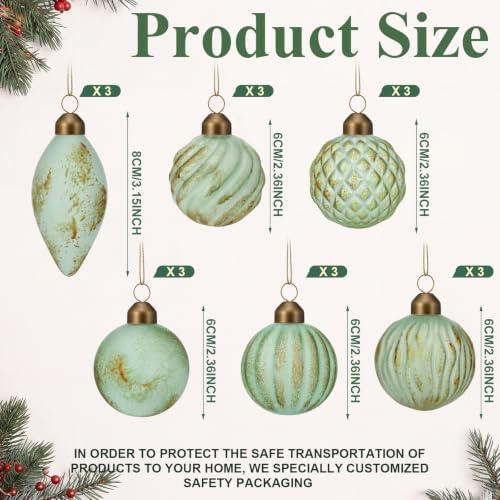Syhood 18 Pcs Sage Green Christmas Mercury Glass Balls Ornaments, 6 Styles