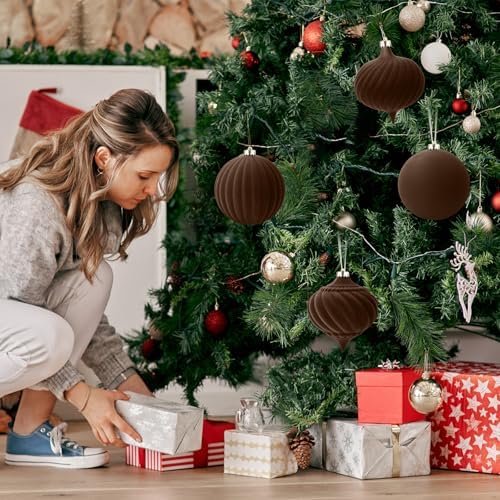 Civaner 4 Pcs Velvet Christmas Ball Ornaments,6 Inch,Brown