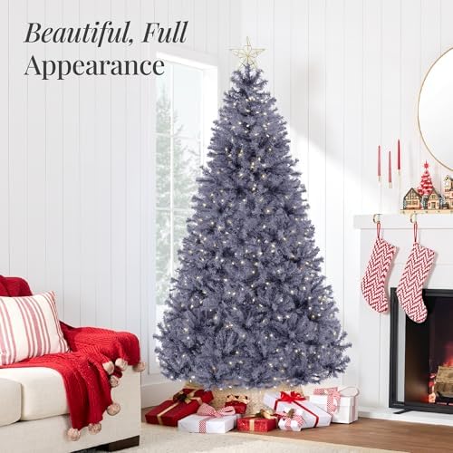 Best Choice Products 7.5ft Pre-Lit Charcoal Gray Christmas Tree, Full Artificial Holiday Decoration w/ 1,350 Branch Tips, 550 Lights, Foldable Base