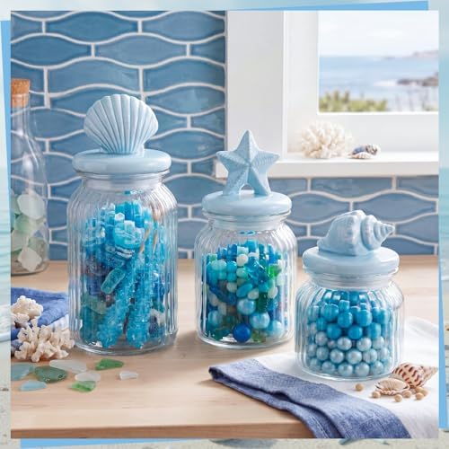 Mimorou 3 Set Beach Candy Glass Jars with Ceramic Lid 44oz 33oz 22oz Coastal Cookie Jar Airtight Glass Food Storage Container for Spring Summer Baby Shower Party Tea Snacks Sugar