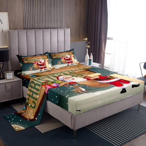 Castle Fairy Merry Christmas Bed Sheets Kids Boys Cartoon Santa Claus Sheet Set 3 Pcs Child Cartoon Elk and Snowman Sheets Set + Deep Pocket Fitted Sheets Flat Sheet 1 Pillow Sham,Twin Size
