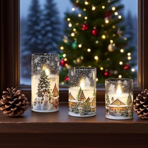 Snowman House Glass Flameless Candle Battery Operated Remote Timer