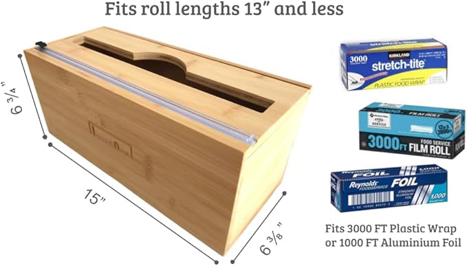 High Capacity Foil & Wrap Dispenser with Cutter, Holds up to 3000ft Plastic Wrap/1000ft Aluminum Foil, Home, Food Service, Commercial, Bamboo