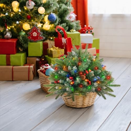 Christmas Tree Urn Filler, Battery Operated with Timer, Pre-lit Warm White & Multi-Color Changing LED Lights, Artificial Xmas Tree for Porch, Pathway, Yard, Outdoor Holiday Decoration (2, with Snow)