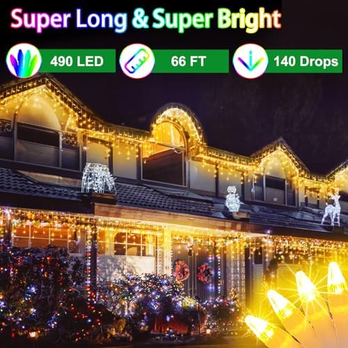 66ft LED Christmas Lights Outdoor with 140 Drops, Christmas Decorations Hanging Lights 490 LED 8 Lighting Modes, Outsite Fairy String Lights for House Xmas Wedding Party Holiday Decoration Warm White