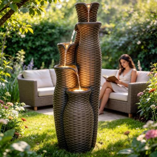 AUTODAYA 5-Tier Faux Rattan Vase Water Fountain Outdoor with LED Lights