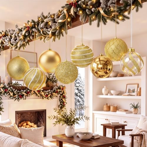 Lyrow 8 Pcs Large Christmas Ball Ornaments 6'' Gold Glitter Xmas Ornaments