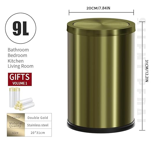 9L/2.4Gal Antique Bronze Bathroom Trash Can, Small Flip Garbage Can with Lid,Brushed,Single-Layer,Trash Bin for Laundry，Hotel，Office， Laundry Room (Bronze)