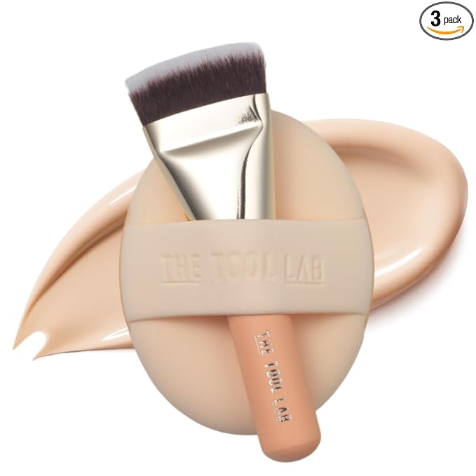THE TOOL LAB All Day Cover Duo - Premium Base Makeup Set for Liquid Cream Powder Foundation, Buffing Blending Face Brush, Sponge, Portable Case - 1.1" Flat Top Brush
