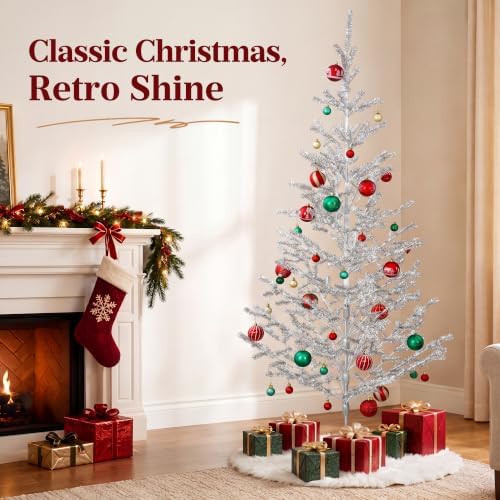 5ft Silver Tinsel Christmas Tree, Retro Aluminum Christmas Tree