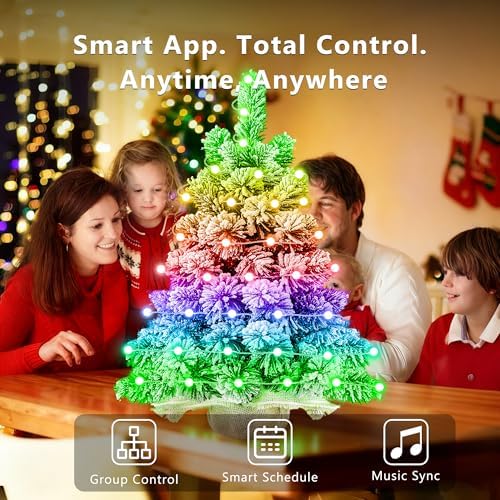 Brizled Snow Flocked Smart Christmas Tree, 22.8in Mini Christmas Tree with 100 LED RGB Lights, App/Voice Control 159+ Scenes Tabletop Xmas Tree USB C Small Tree Work with PD Power for Fireplace Desk