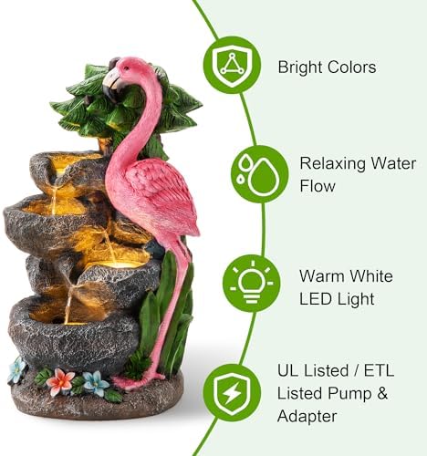 Glitzhome Outdoor Water Fountain, 4-Tiered Flamingo Outdoor Fountain with Lights, 23.5" H Polyresin Decorative Waterfall Feature Garden Fountain with Pump for Garden, Patio, Yard, Deck, Porch Decor