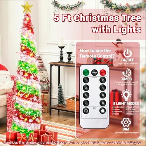 HISFFOG 5FT Pop Up Christmas Tree with 8 Rmote Lights Modes - 3 Color Sequin Tinsel Christmas Tree, Collapsible Artificial Pencil Christmas Trees Decorations for Home, Apartment, Office, Party