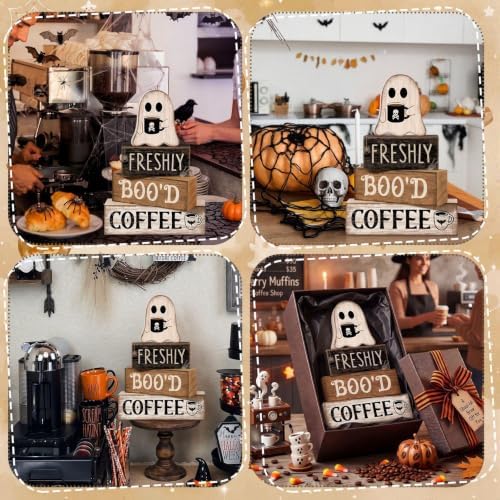 Moucuny 4 Pcs Halloween Coffee Table Decorations Ghost Stacked Wooden Decor