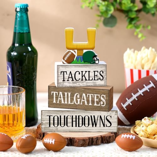 Lineshading 4 Pcs Fall Football Table Decor, Wood Block Sign Home Shelf
