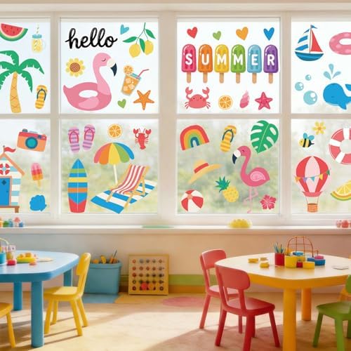 Summer Window Clings for Glass Windows Decor, Beach Window Decals for Kids