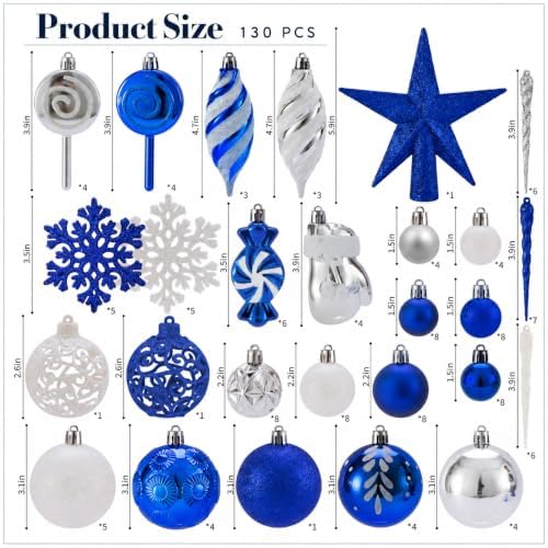 130 Pcs Blue, Silver & White Christmas Ball Ornaments, Shatterproof