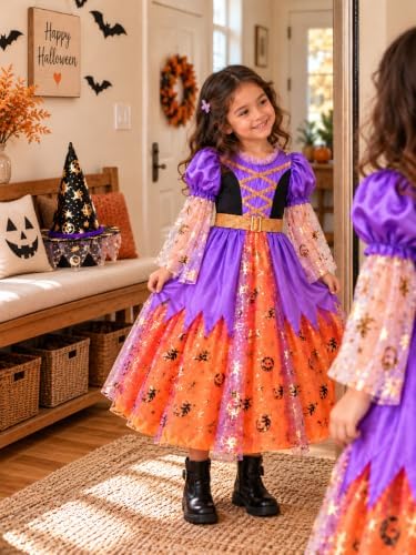 Witch Costume for Girls, Light up Halloween Witch Dress Ages 3-10