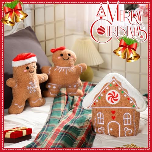 Konohan 3 Pcs Christmas Gingerbread Man Throw Pillows for Christmas Decor