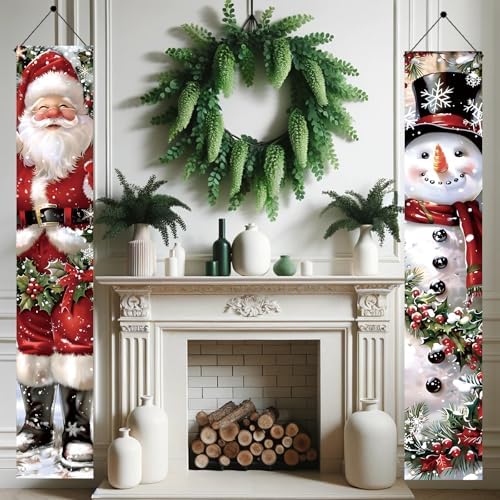 2PCS Christmas Porch Banner Decorations 71 x 12 Inch Santa and Snowman Hanging Sign Outdoor Vertical Front Door Holiday Banner for Winter Yard Party Home Wall Entryway Decor
