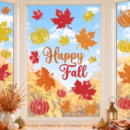 Glitter Fall Window Clings Autumn Thanksgiving Window Stickers Decals Decor