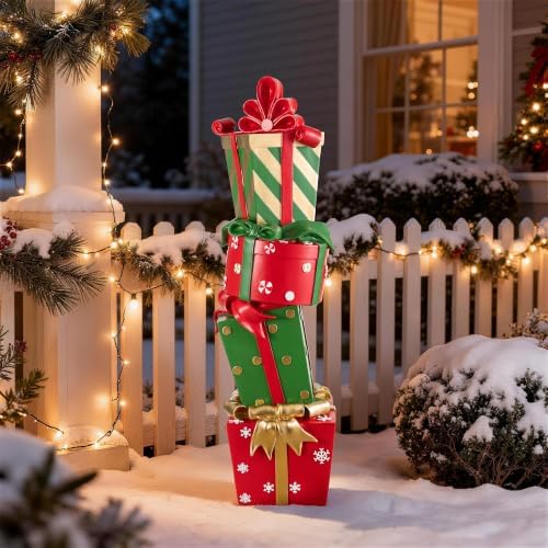 Glitzhome 30.25"H Christmas Stacked Gift Boxes Porch Decor,Polyresin Gift Boxes Statue with Playful Patterns,Standing Xmas Decorations for Patio Front Indoor Outdoor Home Decor